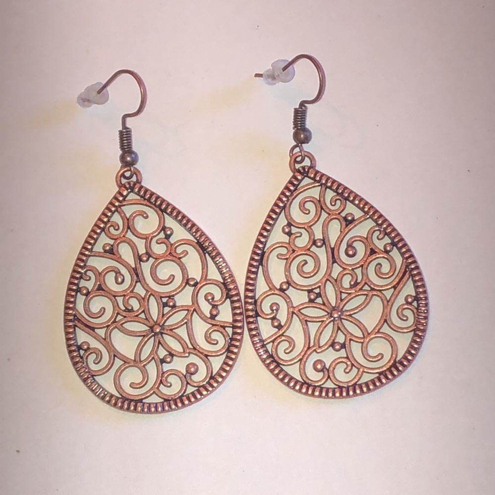 Copper Tone Filigree Boho Teardrop Dangle Earrings